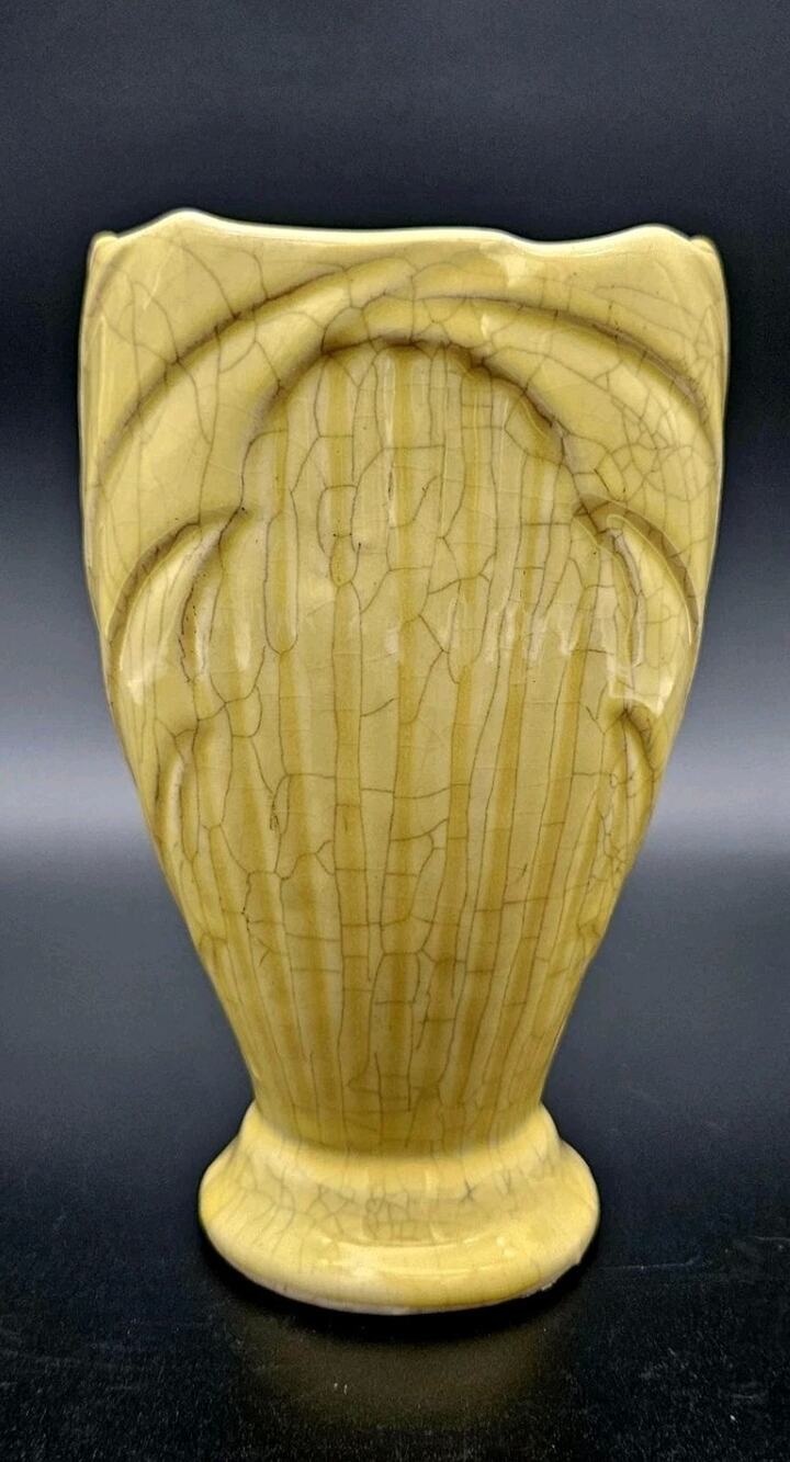 Vintage Yellow Ceramic Vase Crazed Glaze Leaf Pattern Art Pottery Planter